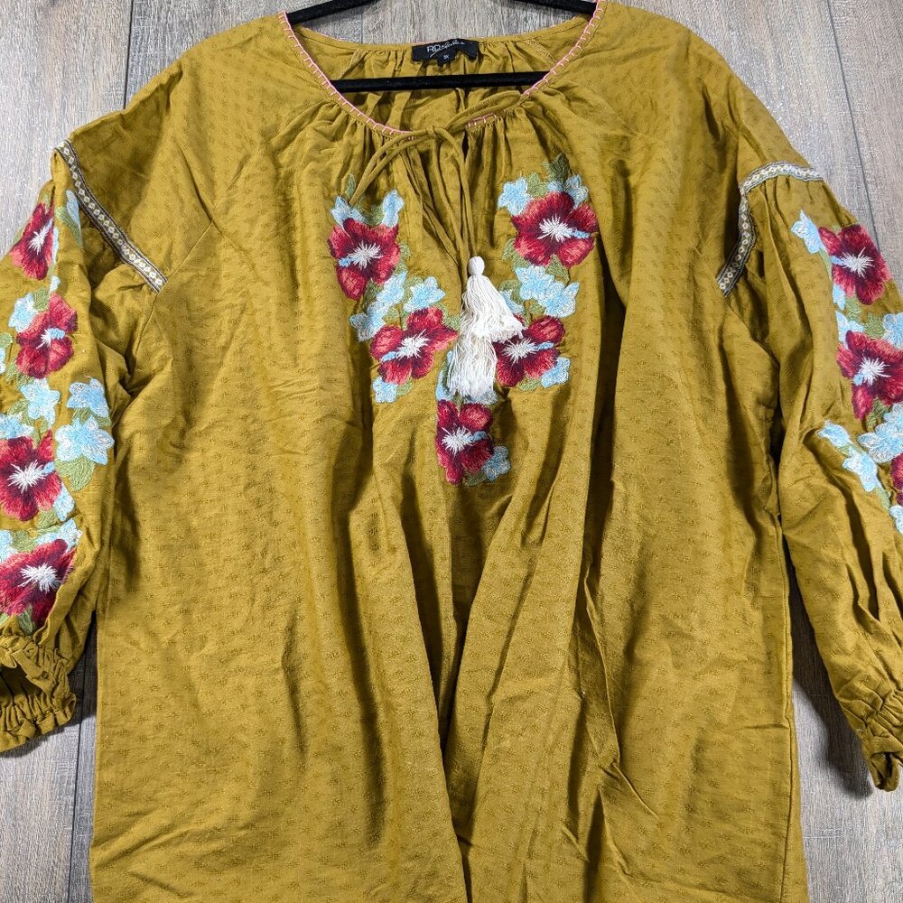 Anthropologie RD Koko Top Womens 3X Mustard Floral Embroidered 3/4 Slv Peasant